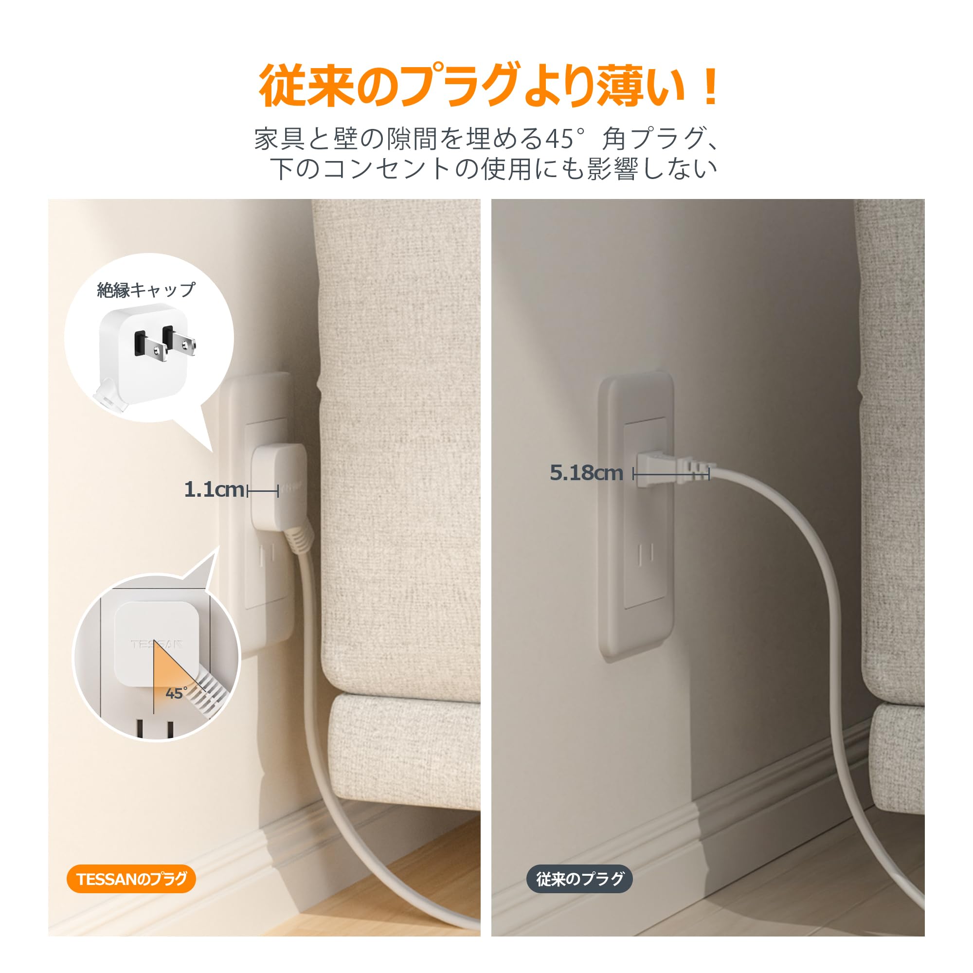 TESSAN 8AC口 USB-A/Cタップ 2m 薄型プラグ 壁掛け